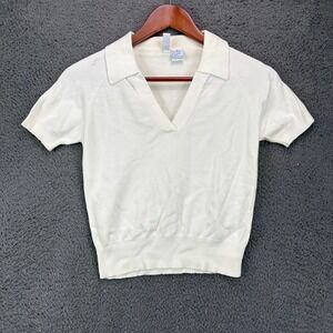 Vintage Savage Ivory Short Sleeve Knit Polo Sweater V-Neck Rayon Blend Womens M